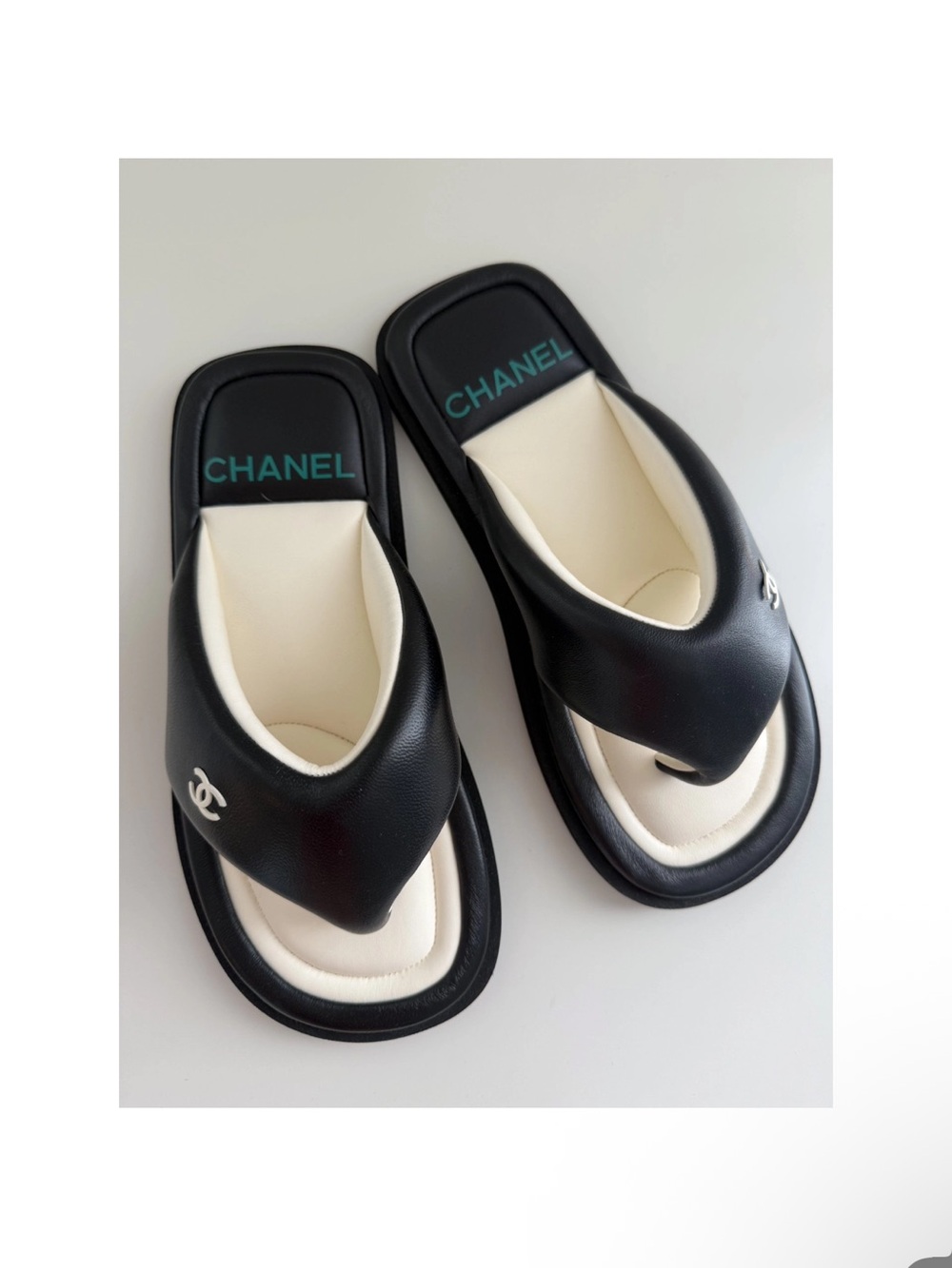 CHANEL Black & Cream Padded Thong Sandals with Silver CC